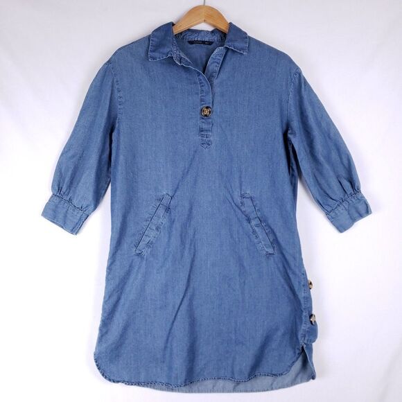 Filanto Denim Shirt Dress Women 5 Blue Pockets Puff Sleeve Boho Chic Cottagecore - Picture 1 of 8